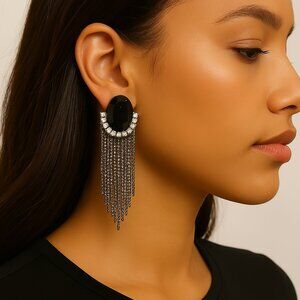 Black Fringed Chain Crystal Earrings – Robert Rose Dangle Women Fashion Jewelry